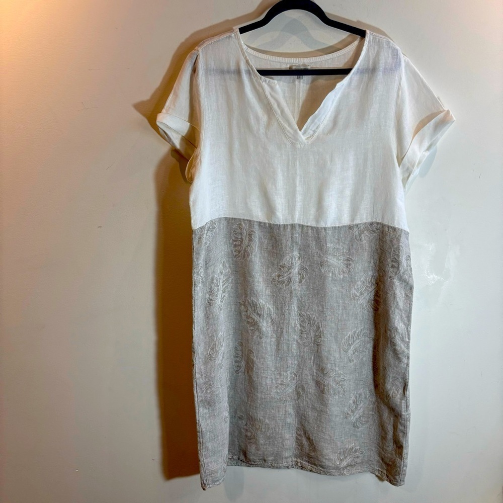 LINA TOMEI Sz L 100% Linen Palm Design On Skirt Sheath Lightweight Dress